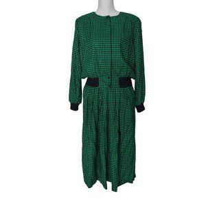 Vintage Green & Black Houndstooth Co-Ord Jacket & Skirt Set Women Medium Petite